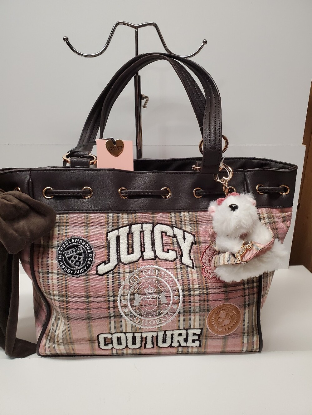 Juicy Couture Varsity Daydreamer Blush Pink Plaid Tote with Plush Charm